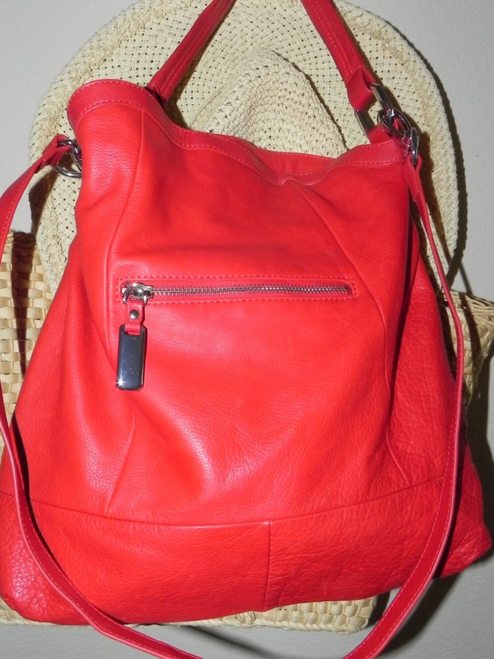 B Makowsky Red Leather Pebble Shoulder Bag.